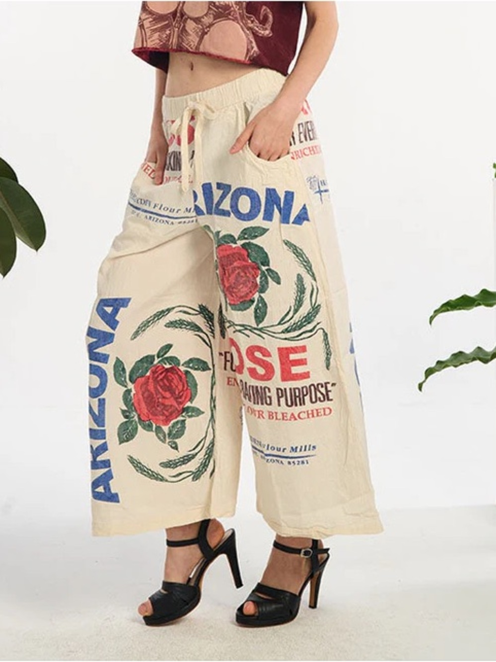 Arizona Rose Print Flour Sack Wide Leg Pant